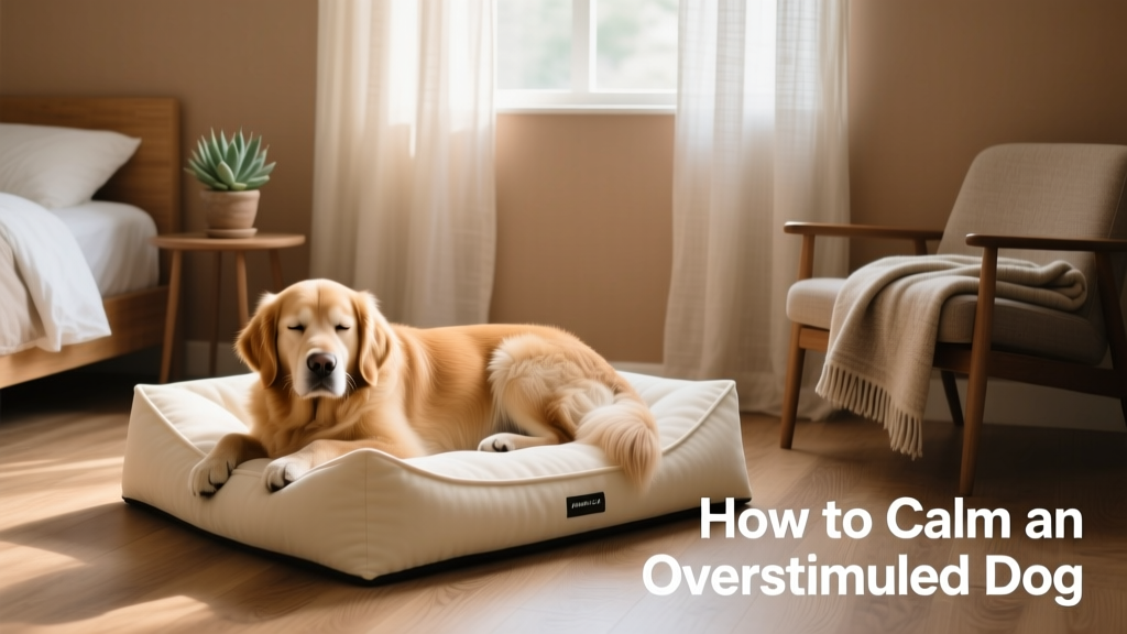 A calm dog resting on a soft bed in a quiet, softly lit room