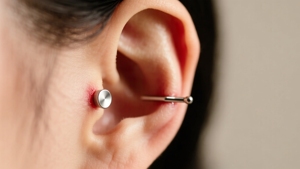 Healing earlobe piercing with a titanium flat back stud, lit by soft studio lighting against a blurred neutral background.