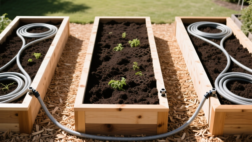 Overhead view of three cedar raised garden beds filled with dark soil, surrounded by woodchip pathways and coiled drip irrigation hoses
