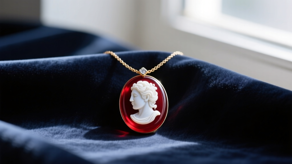 Elegant vintage glass cameo necklace featuring a white profile carved over deep ruby red glass, resting on dark velvet fabric.