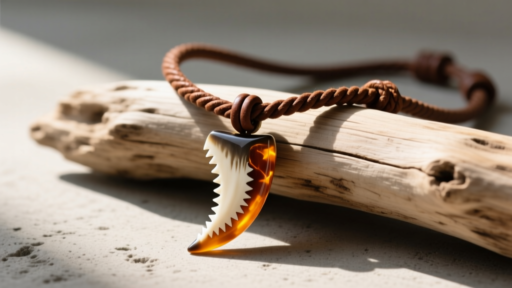Rugged mens shark tooth necklace featuring a fossilized megalodon pendant on a thick leather cord over driftwood.