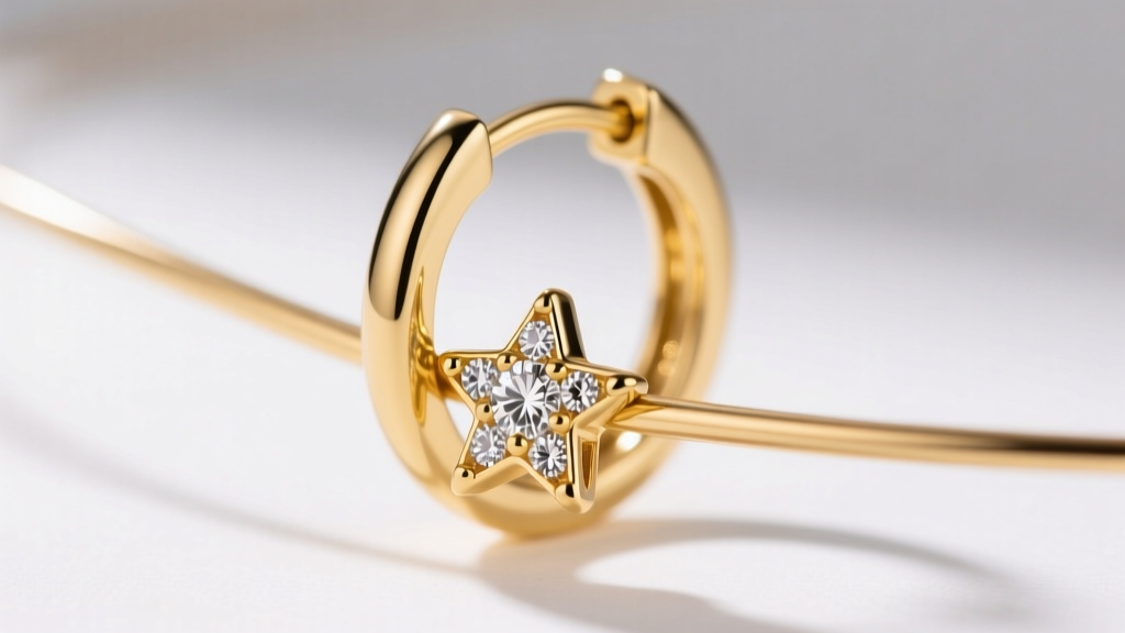 Close-up of an 18k yellow gold interchangeable hoop earring with a diamond star charm sliding onto the wire, studio lighting.