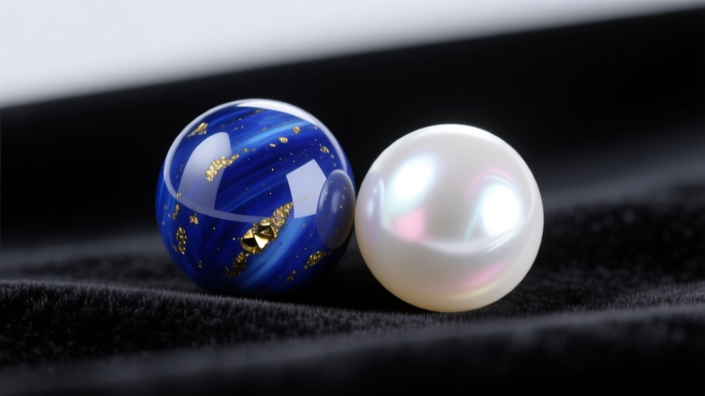 Macro photograph of a royal blue Afghan lapis lazuli bead resting against a flawless white Akoya pearl on dark velvet background