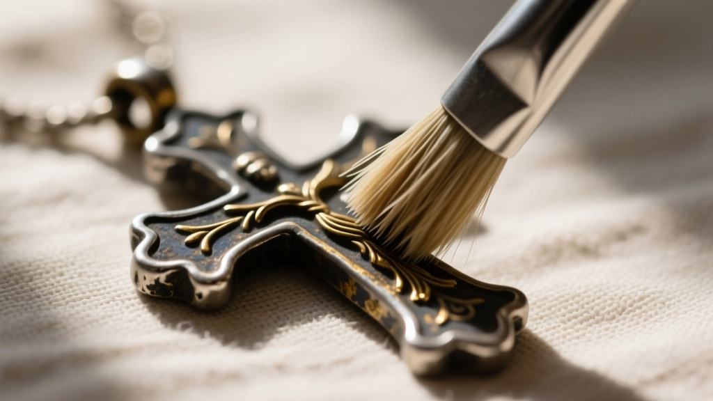 A soft-bristled brush gently cleaning the deep crevices of an antique Coptic cross pendant, avoiding the dark oxidized patina.