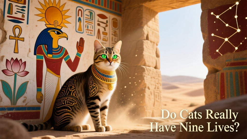 Ancient Egyptian wall painting depicting a sacred cat alongside the sun god Atum
