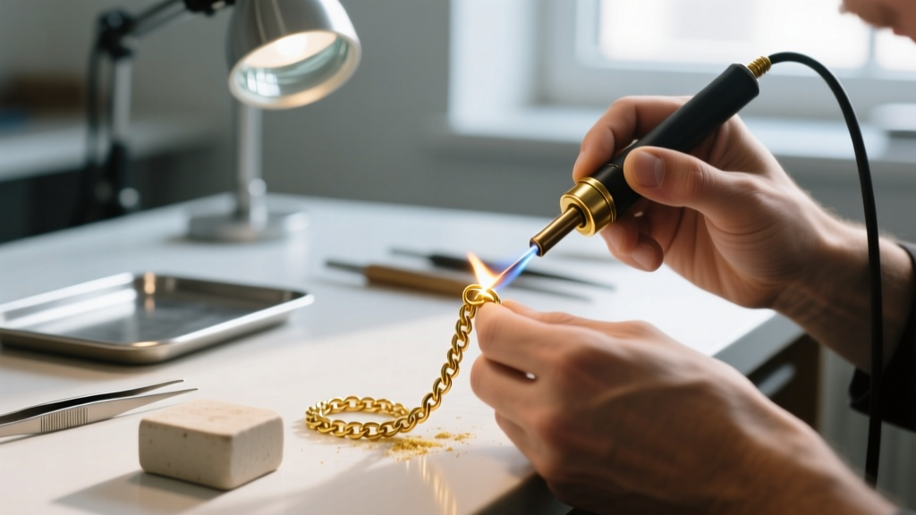 Jeweler using a micro-torch to solder a broken 18-gauge figaro chain link, with flux and ceramic block visible in the background.