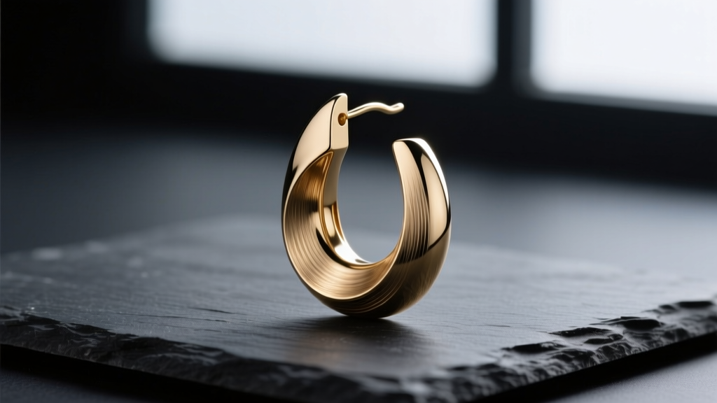 Macro shot of a sculptural Uali earring on dark slate, showing brushed brass texture and U-shaped curve under studio lighting