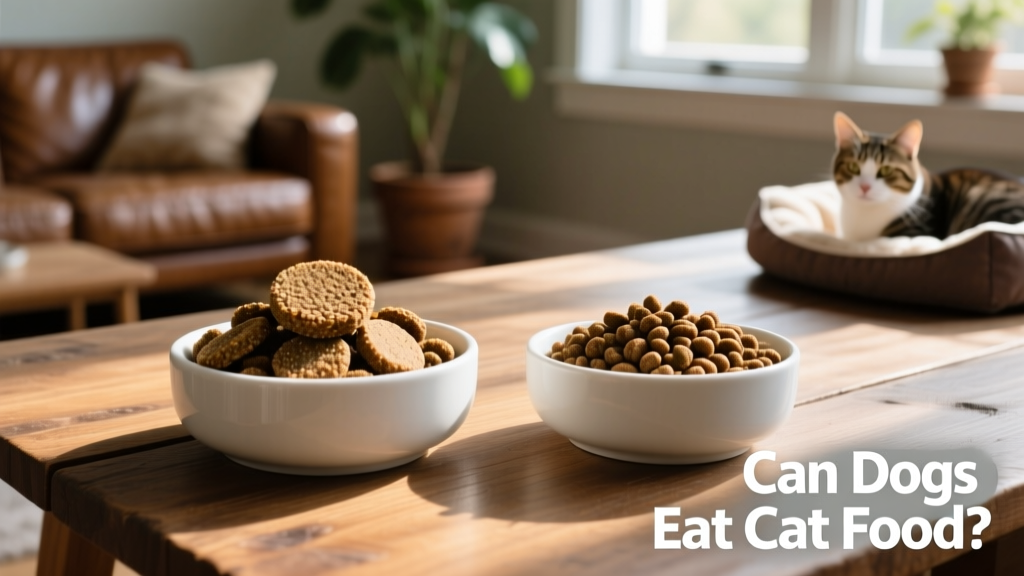 Side-by-side comparison of dog kibble and cat kibble on separate bowls, highlighting visual differences in size and texture