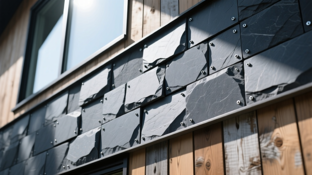 Close-up of interlocking mortarless stone veneer panels in slate gray being screwed into a weather-barrier-prepped exterior wood wall