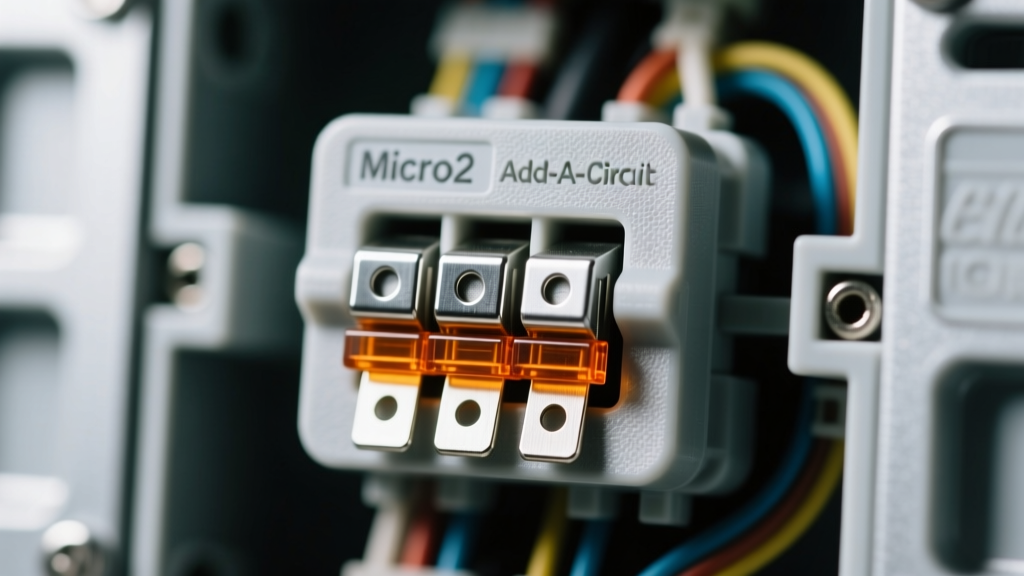 Macro shot of a Micro2 Add-A-Circuit fuse tap in a car fuse box showing correct orientation with original and accessory fuses