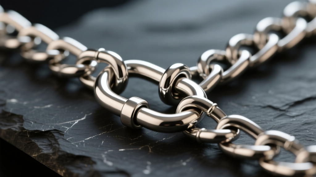 Macro shot of a thick sterling silver toggle clasp securing a heavy curb chain on dark slate, soft studio lighting highlighting metal.