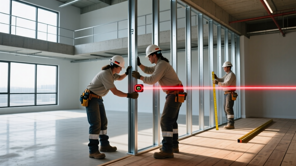 Commercial framing crew aligning a 362S162-54 light gauge steel wall stud using a laser level in a multi-story building with exposed concrete decks