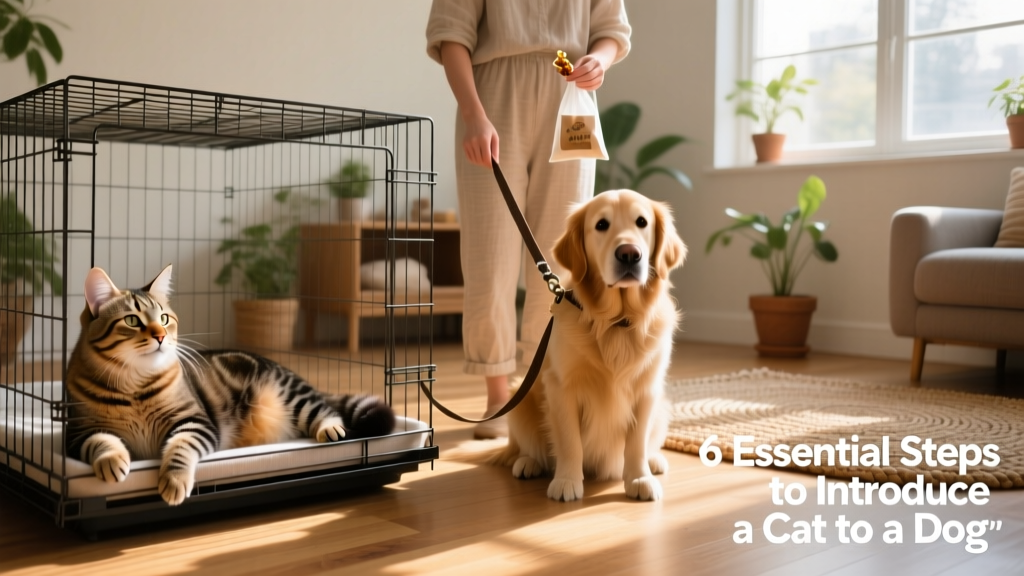 A relaxed cat inside a large wire crate while a leashed dog sits calmly nearby, supervised by a person holding treats