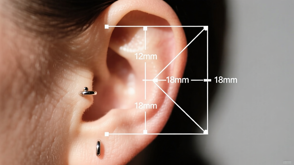 Diagram overlay on an ear showing exact millimeter measurements between helix and lobe piercings for custom chain jewelry setups