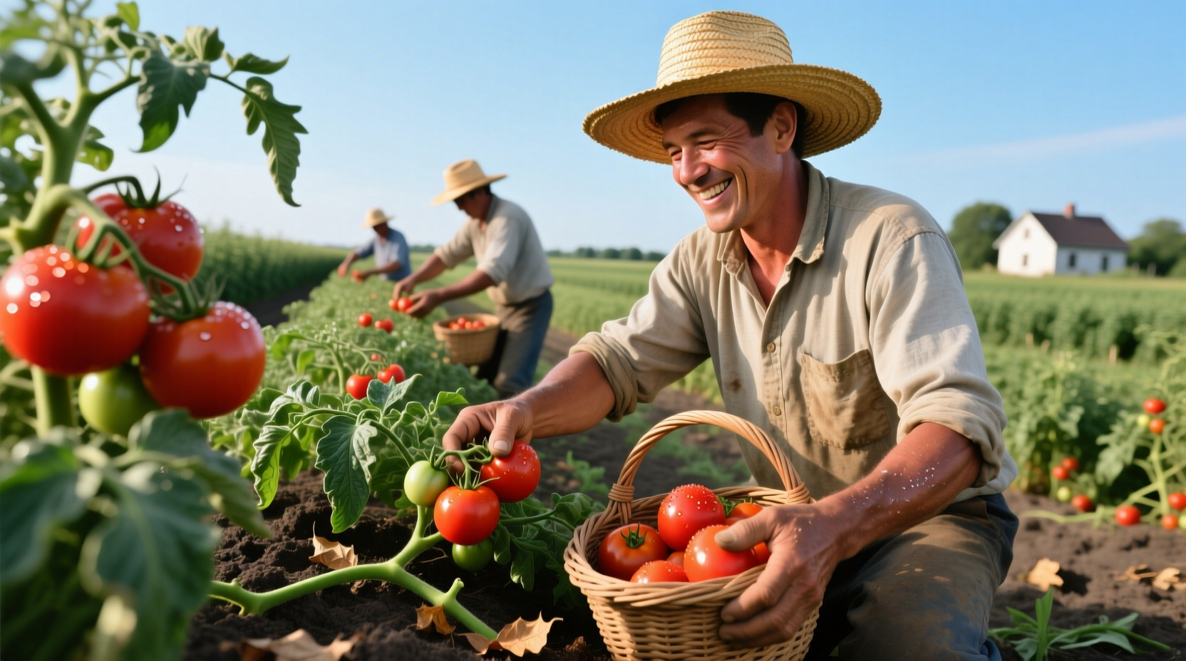 Tomato harvesting operation with workers in field