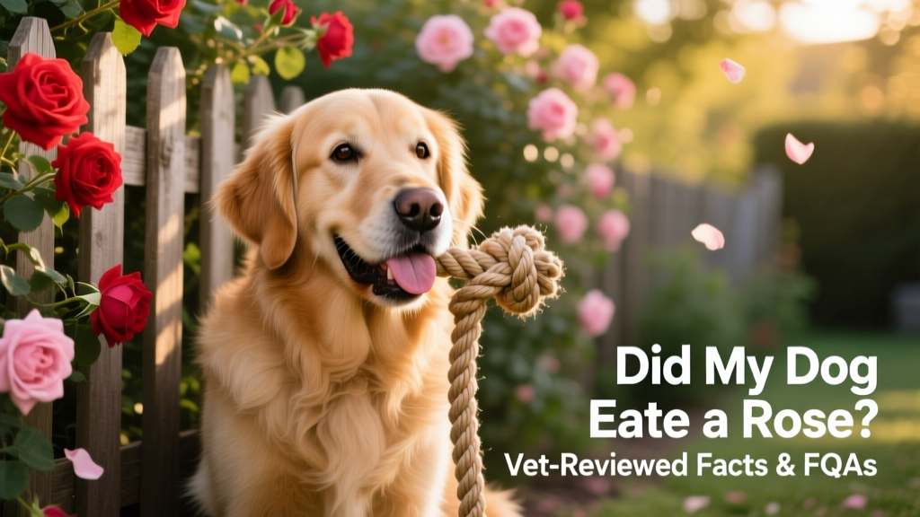 Dog happily chewing on a safe, rope-based toy while sitting beside a rose garden fence