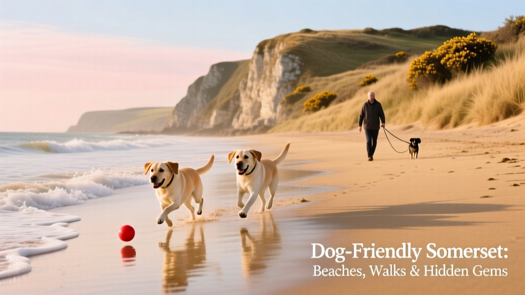 A golden-sand beach in Somerset with dogs playing near gentle waves and cliffs in the distance