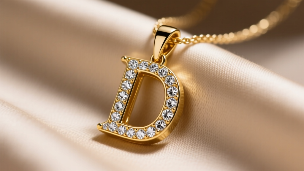 Close-up of a gold-plated brass initial pendant necklace with pave cubic zirconia letters resting on beige silk, studio lighting.