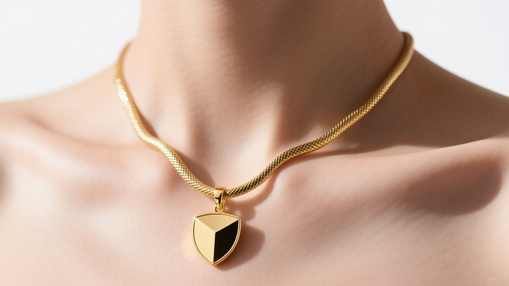 Close-up of a collarbone showing a layered 2mm gold snake chain and a 15mm solid gold shield pendant in bright sunlight