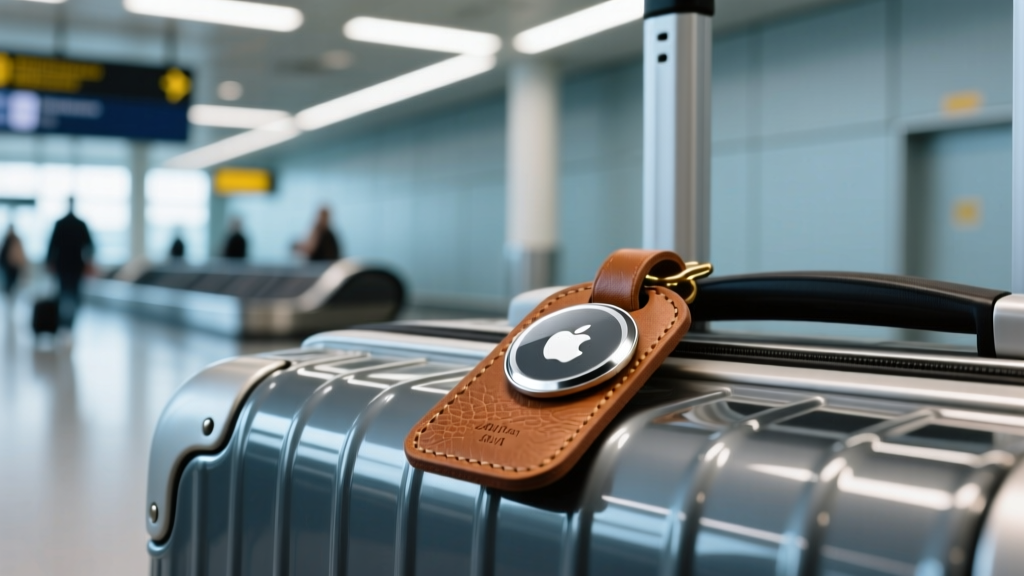 Close-up of an Apple AirTag attached to a leather luggage tag on a hard-shell suitcase in an airport terminal under bright fluorescent lighting
