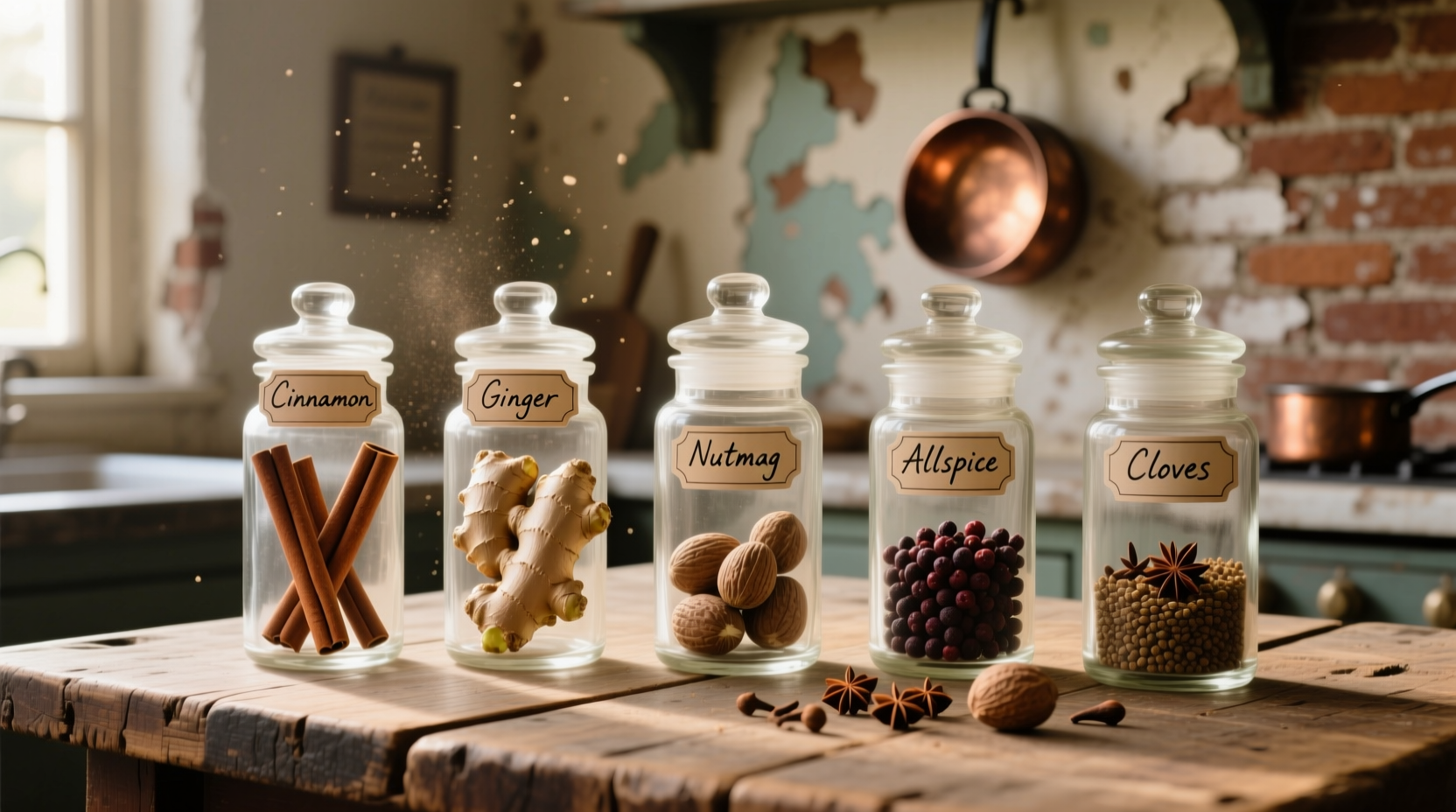 Five glass spice jars with cinnamon, ginger, nutmeg, allspice and cloves