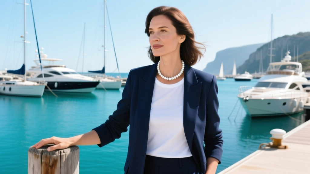 Woman in a navy blazer and white tee, wearing a 16-inch white pearl choker, standing in a bright coastal marina setting