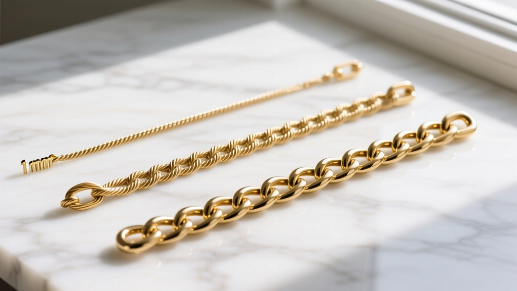 Overhead flat-lay of three untangled gold chains: a 1mm cable, a 2mm rope, and a 4mm curb chain resting on a white marble surface.