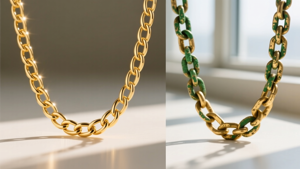 Side-by-side view of a pristine gold vermeil chain and a tarnished gold-plated chain showing green oxidation on the brass links.