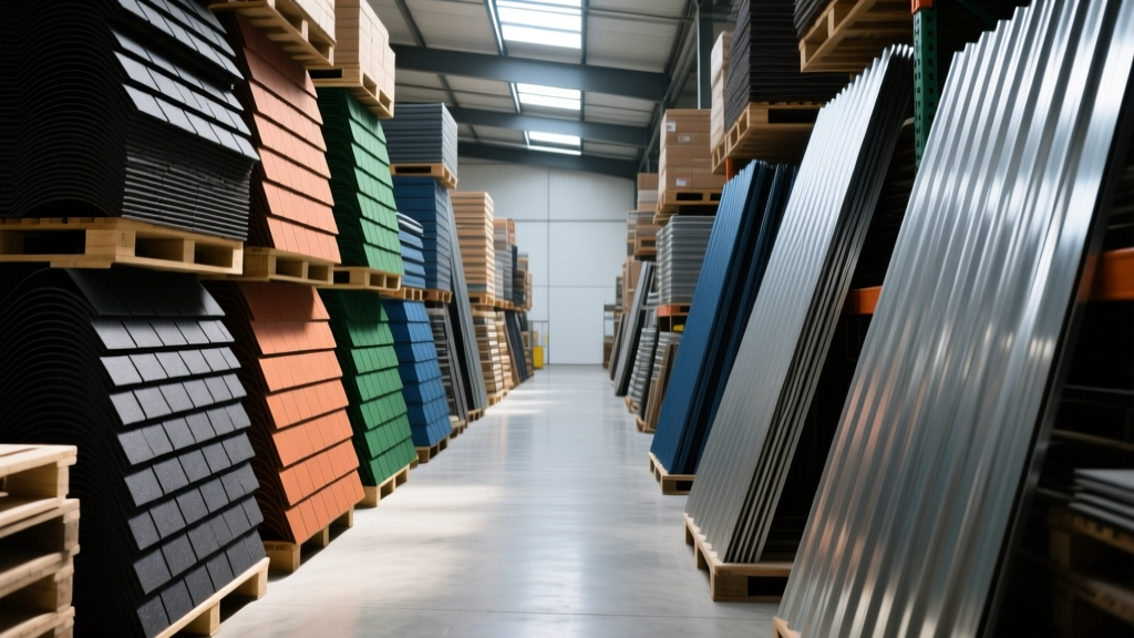 Pallets of mismatched overstock architectural asphalt shingles and corrugated metal roofing panels stacked in a warehouse aisle