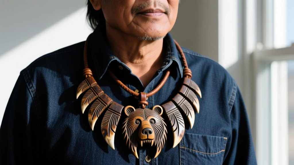 Man wearing a heavy Native American bear claw necklace over a dark denim shirt, showing sternum placement and overall pendant scale