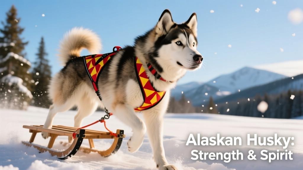 An Alaskan husky wearing a brightly colored harness, pulling a small sled across fresh snow under clear blue skies—showcasing strength, focus, and teamwork