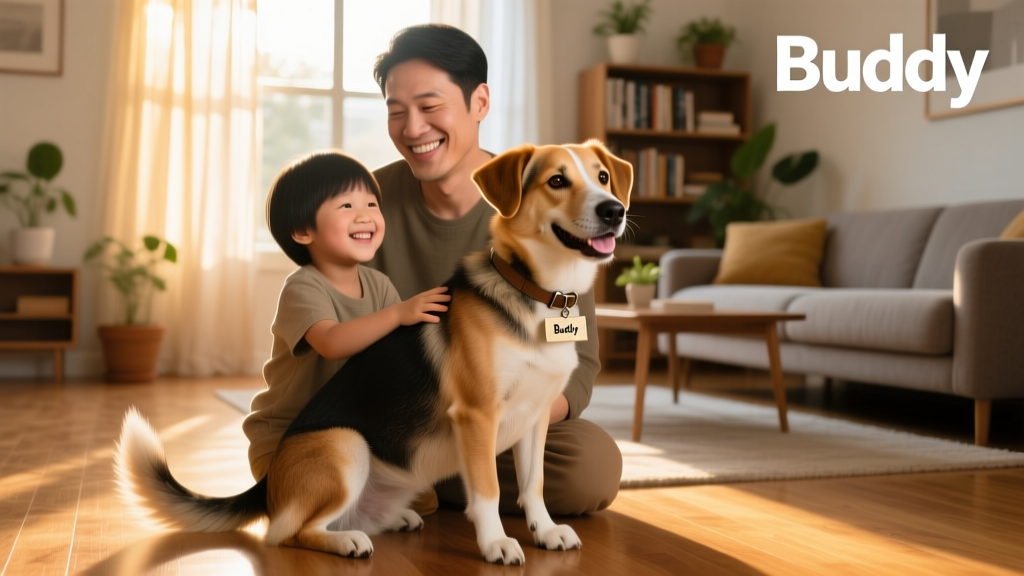 A joyful, well-groomed mixed-breed dog sitting calmly beside a smiling adult and child in a sunlit living room