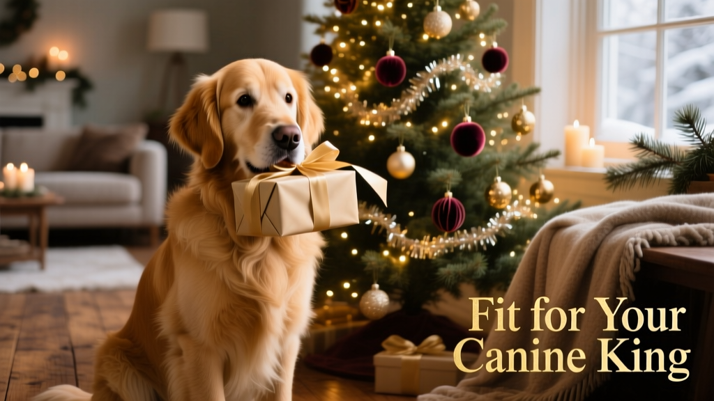 Golden Retriever gently holding a wrapped Christmas present in its mouth, sitting near a decorated tree