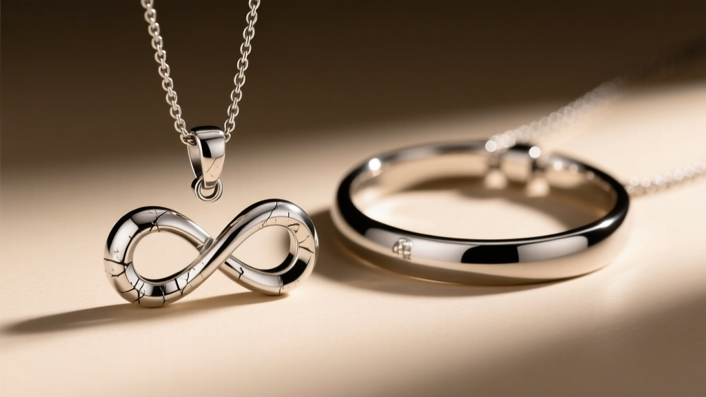 A scratched silver infinity pendant next to a pristine tungsten mens necklace under studio light, revealing surface wear and tear