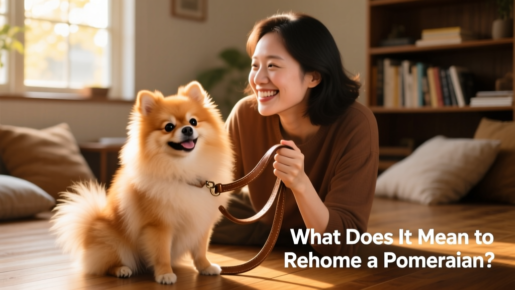 A cheerful Pomeranian sitting beside a smiling person holding a leash