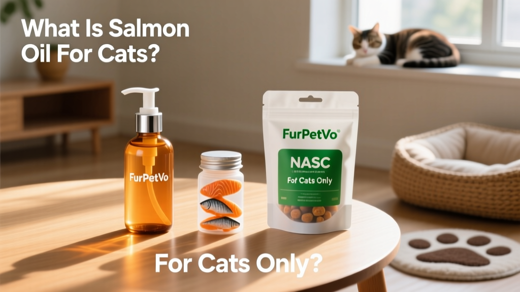 Three FurPetVo salmon oil products displayed side-by-side: liquid pump bottle, soft chews, and NASC-certified capsule pack—each clearly labeled 'For Cats Only'