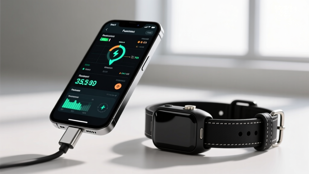 Smartphone connected via USB-C OTG adapter to a black GPS dog collar, displaying raw diagnostic battery and telemetry data on the screen.