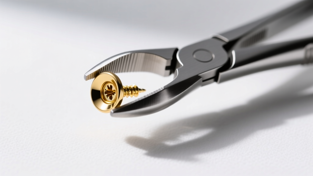 Stainless steel hemostat forceps gently gripping a small gold screw-back earring backing against a clean white medical background.
