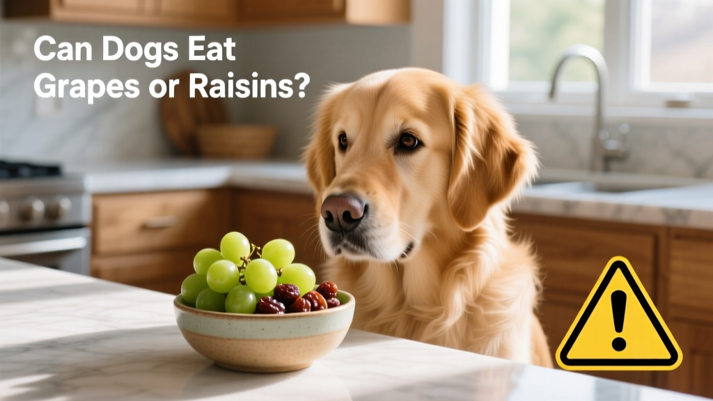 A dog looking curiously at a bowl of grapes and raisins on a kitchen counter, with a warning icon subtly overlaid