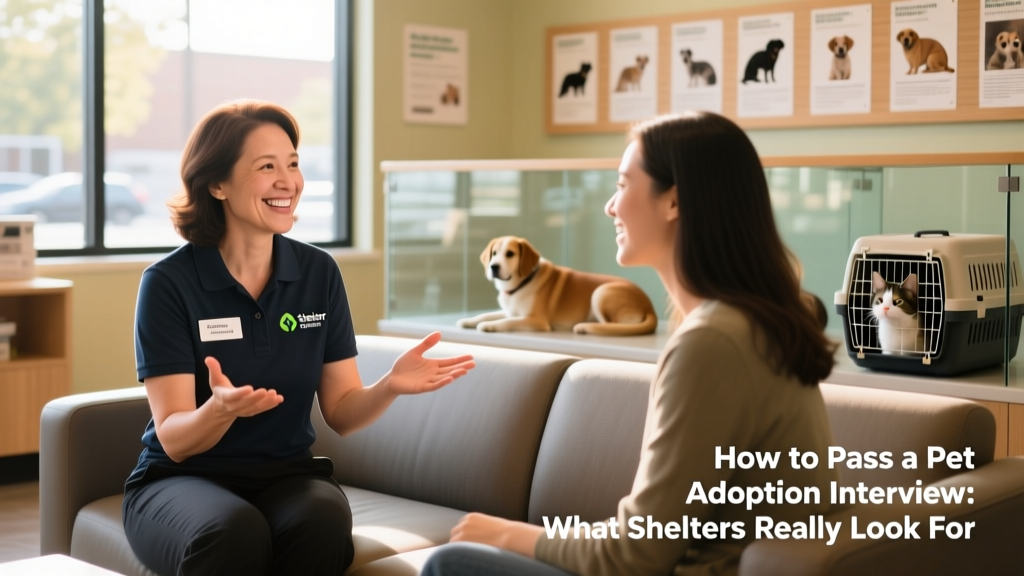 A friendly shelter staff member smiling while speaking with a prospective adopter in a sunlit adoption center
