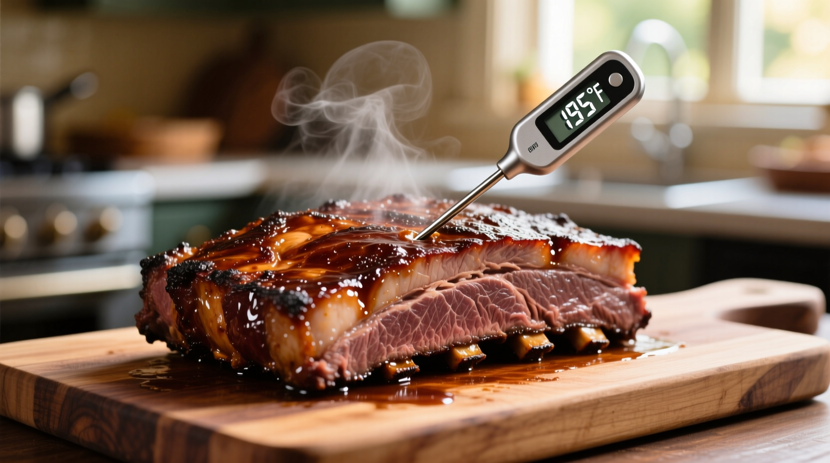 Perfectly cooked beef brisket with probe thermometer