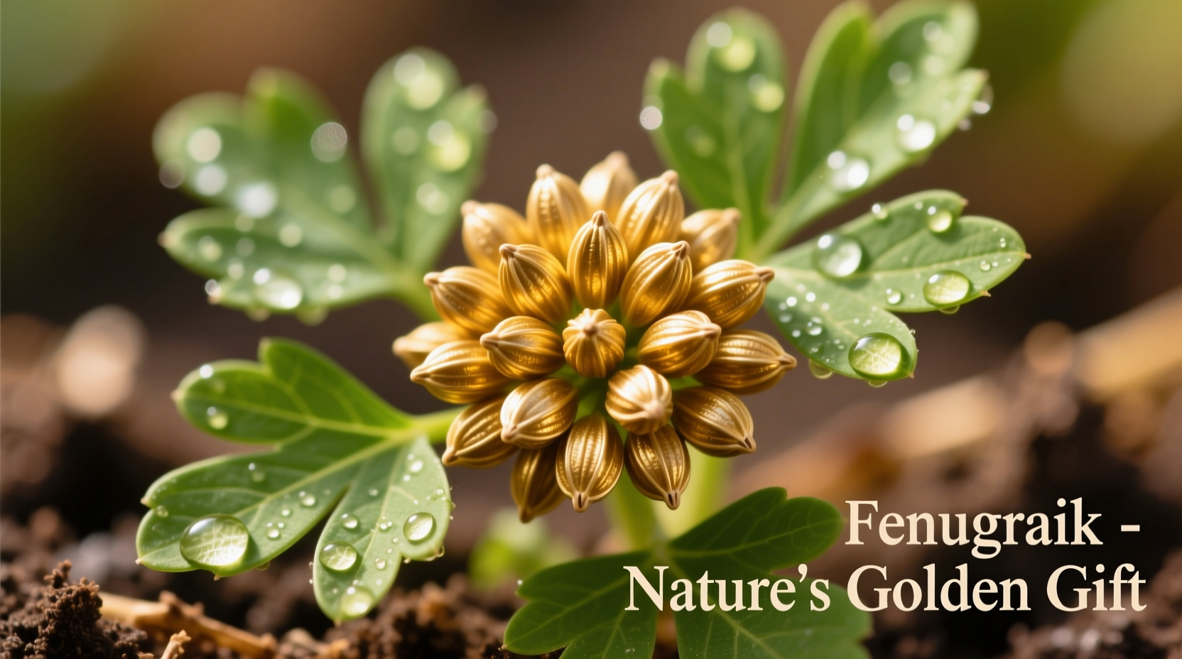 Close-up of golden fenugreek seeds and fresh leaves