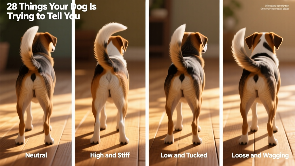 Side-by-side illustrations showing subtle differences in dog tail positions: neutral, high and stiff, low and tucked, and loose and wagging