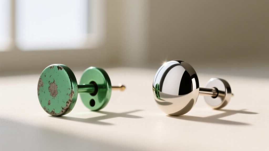 Side-by-side comparison of a cheap green-tinted alloy earring post next to a polished, mirror-finish implant-grade titanium stud.