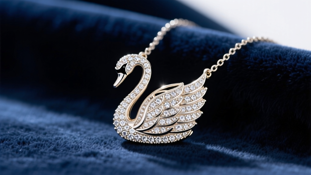 Close-up of a 14k white gold swan pendant necklace on dark velvet, highlighting micro-pave diamond wings and a polished chain