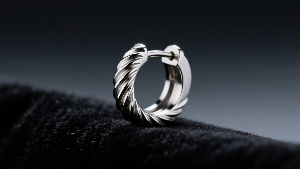 Macro shot of an ASTM F-136 titanium threaded tunnel earring on dark velvet, highlighting precision machined threads