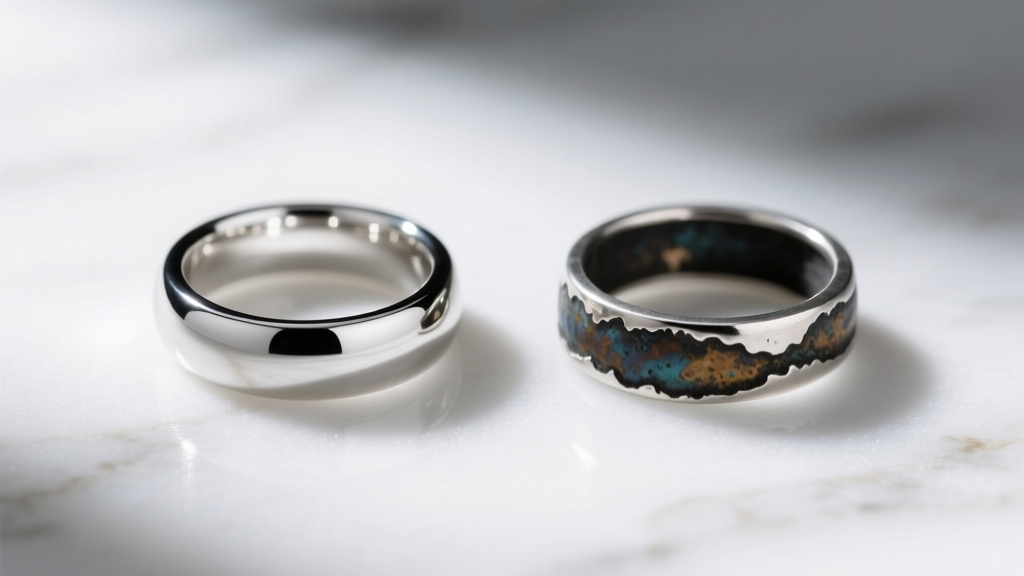 Macro shot comparing a polished platinum ring charm and an oxidized sterling silver ring charm side-by-side on white marble