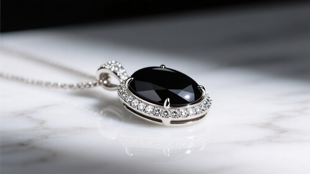 Macro shot of black onyx pendant in 18k white gold with diamond accents on white marble under soft studio lighting, high contrast
