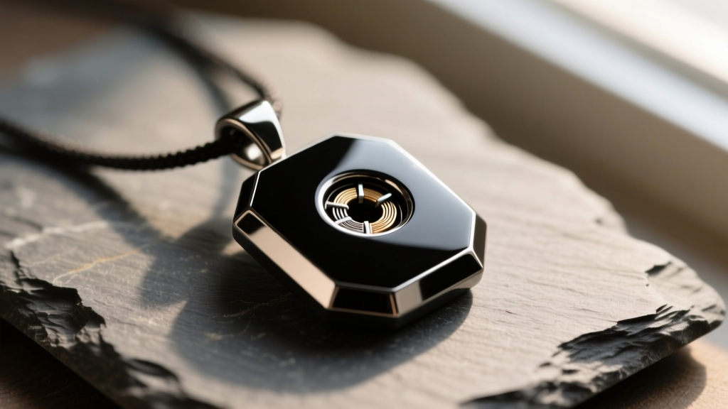 Macro view of a dark Hapbee pendant on slate, highlighting its smooth metallic finish, beveled edges, and hidden magnetic coil.