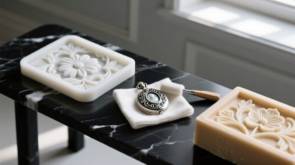 Top view of a bench with a silicone mold, carving wax, and a Victorian silver locket pendant being polished with a soft cloth.
